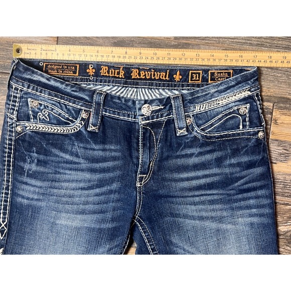 Rock Revival Sasha Capri Jeans Size 31 Bling Flap Pocket Stretch Boho Chic Style - Picture 5 of 11